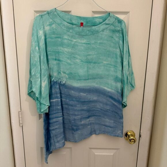 IC Collection by Connie K Blouse Artsy Water Motif Sz Large Blue Island Two Tone - Picture 1 of 5